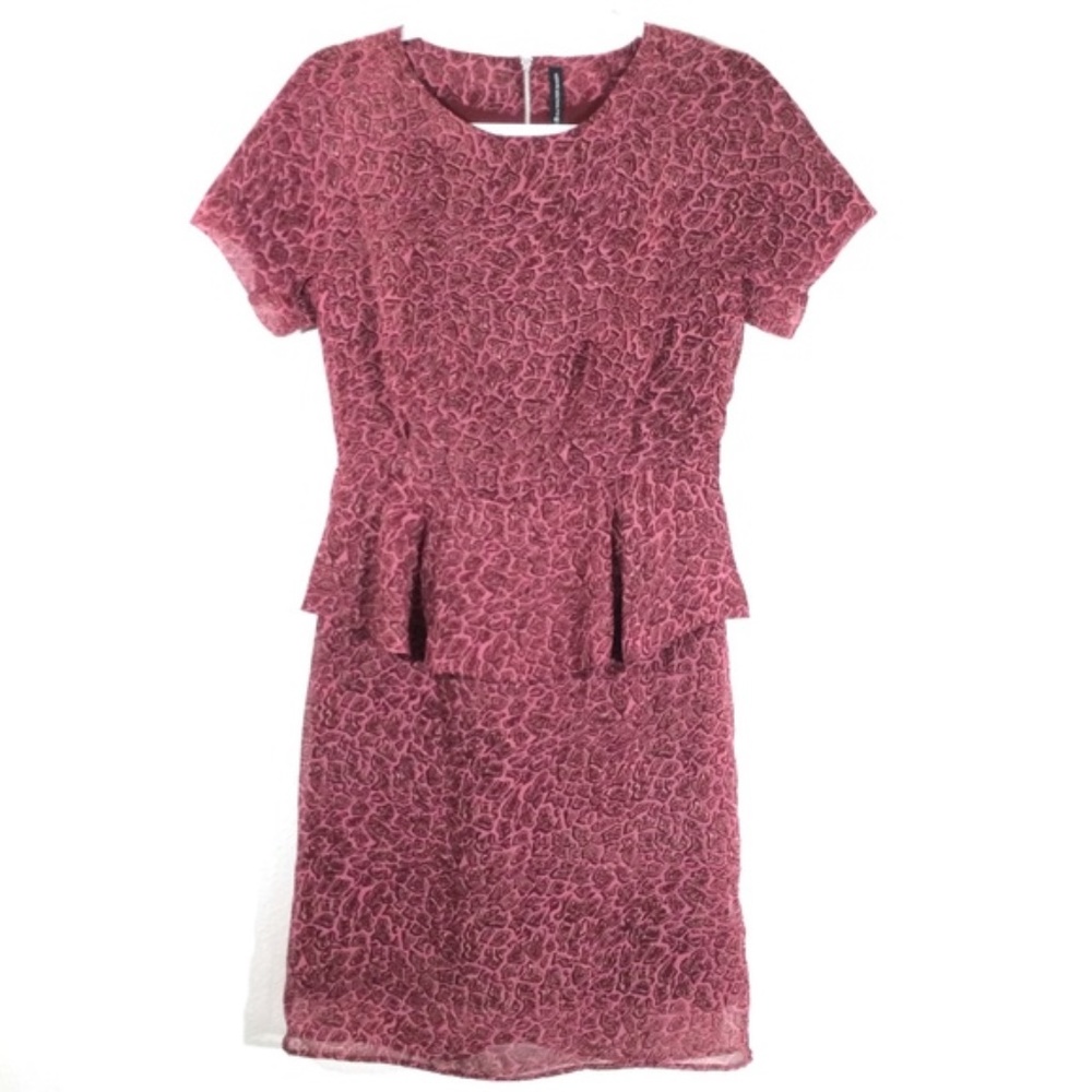 W118 Walter Baker Pink Red Printed Peplum Dress Modest Career Office Sheath